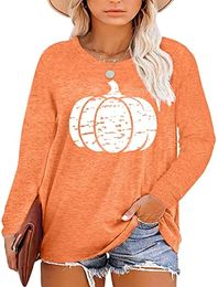 Plus Size Halloween Pumpkin T Shirt Women Long Sleeve Fall Graphic Tees Thanksgiving Gift Tops Blouse