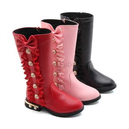 Boots Princess Flat Dress Boots Kids Winter Lace Beading Bowknot Boots Mid-calf Snowshoes Black Pink Red School Rubber Shoes #27-37 L0828