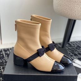 top Leather bow sheepskin chunky heel women's ankle boots Fashion Designer Booties Black White Apricot