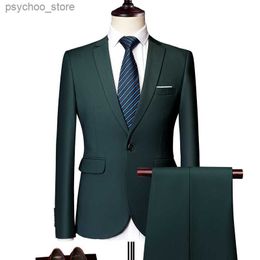 Mens Formal Suits SET (Jacket + Pants) Two-piece Pure Color Slim-fitting Tuxedo Business Boutique Fashion Men Clothing Suit Set Q230828