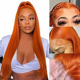 13x4 Ginger Orange Remy 13x6 Bone Straight Frontal Wig 36 Inch HD Transparent Lace Front Human Hair Wigs for Women 6954