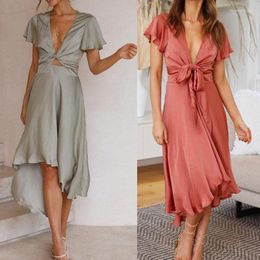 Casual Dresses Women Solid Color Dress Fashion Knots Ribbed Plain Summer Long Party/Club/Bar