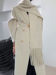 Women's Wool Blends PIAOIN Atmosphere with Divine Tassel Scarf Design Double sided Cashmere Coat Woolen Coat Women's High Grade Feel Autumn and 230826