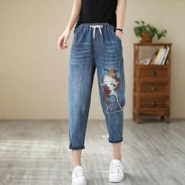 Women's Jeans Ladies Denim Trousers Literary Embroidery Casual Pants Elastic High Waist With Drawstring Female Cropped