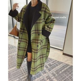 Womens Wool Blends Woman Oem Plaid Woollen Tweed Fur Teddy Reversible Blazers Long Jackets Coats Clothes Korean Fashion Tops Winter Trench 230828