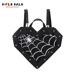School Bags Gothic Spiderweb Heart Shaped Ita Backpacks for Dark Lolita Holloween Pin Display Clear Window Handbag and Shoulder Bag Gifts 230828