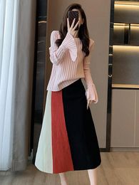 Casual Dresses Autumn Winter Kintted 2 Pieces Set Women Long Sleeve Striped Pullover Top And Calf Length A-line Skirt Sweater Fashionable