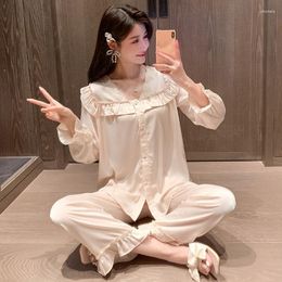 Women's Sleepwear Long Sleeves Trouser Pijamas Suits For Women French Retro Court Style Loungewear Sexy Loose Satin Home Wear Spring Pyjamas