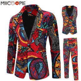 New 3 Piece Men Suits Sets Fashion Single Breasted Printed Floral Tuxedo Suit Jacket Casual Slim Blazer Vest Pant Come Homme Q230828