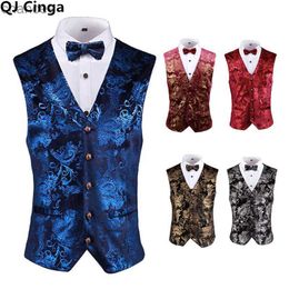 Gold Steampunk Vest Men Suit Gilet Homme Wedding Sleeveless Slim Plus Size Floral Dress Vests for Men Single Buttons Waistcoat HKD230828