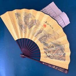 Chinese Style Products Chinese style Hollowing carved fan folding dan traditional Chinese painting printed Men fan high-grade birthday gift