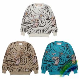 Men's Sweaters WACKO MARIA Knitted Sweater Men Women 1 Quality Tiger Jacquard Blue White Khaki Oversize Sweatshirts 230826