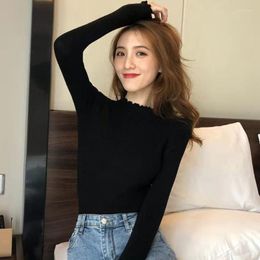 Women's Sweaters Lucyever Ruffles Half-heig Collar Knitted Sweater Women Solid Colour Slim Long Sleeve Knit Pullovers Ribbed Bottoming