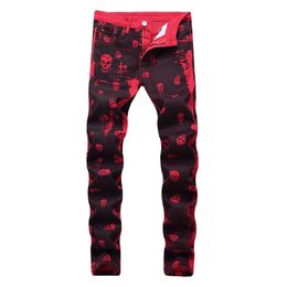 Men's Jeans Waist Size 28-42 Casual Men's Skinny Denim Pants Fashion Skull Slim Red Jeans Moto Biker Male Printed Long Trousers 230826