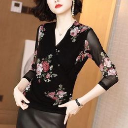 Women's Blouses 2023 Spring Autumn Fashion Women Gauze Print Flower Shirts Female Long Sleeve Bottoming Shirt Ladies V-neck Slim Tops G465