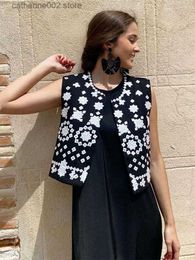 Women's Vests Women's Vintage Black Embroidered Tank Top Summer O-Neck Sleeveless Cardigan 2023 Bohemian Loose Vacation Tank Top Women's Top T230828