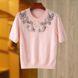 Women's Sweaters Sweet Design Handmade Diamonds Beaded Short Sleeve Fresh Summer Knitting Slim Pullover Sweater Quality Women Tops