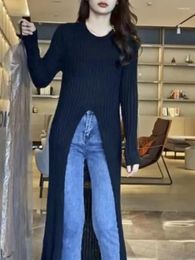 Women's Sweaters Black Korean Fashion Knitted Top Women Open Fork Elegant Designer Sweater Female Long Sleeve Casual Vintage Pullover 2023