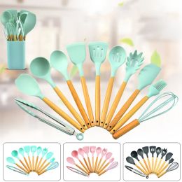 12PCS Silicone Kitchenware Non-Stick Cookware Kitchen Utensils Set Spatula Shovel Egg Beaters Wooden Handle Cooking Tool Set 828
