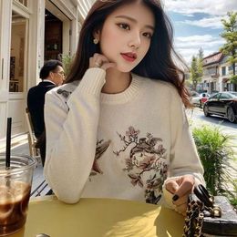 Women's Sweaters 2023 Early Autumn Wear Chinese Style Flower Magpie Embroidery Round Neck Pullover Sweater Knit L8119