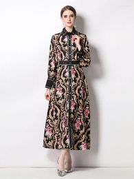 Casual Dresses Autumn Fashion Vintage Print Midi Dress For Women Elegant Black Flowers Belt Single-breasted Shirt Female