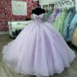 Glittering Lavender Quinceanera Dresses Off the Shoulder Butterfly Beads Lace Vestidos De 15 Anos Birthday Party Prom Dress