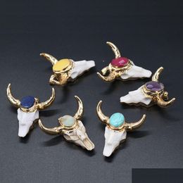 Charms Gold Ox Cow Bones Head Shape Quartz Healing Reiki Stone Crystal Pendant Finding For Diy Necklaces Women Fashion Jewelry 46X46Mm Dh5Og