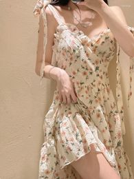 Casual Dresses Floral Strap Dress Women Spring 2023 Korean Fashion Slim Ruffle Trim High Waist Lace-up Sexy Mini Summer