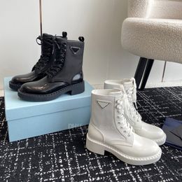 White Black leather lace-up chunky heel Martin ankle boots Motorcycle Combat Boots Fashion Designer Booties for Girls Ladies
