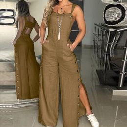Women's Jumpsuits Rompers Summer Fashion Womens Sleeveless Jumpsuit Rompers Ladies Solid Wide Leg Button Openings Long Trousers Suspenders Overalls Pocket 230828