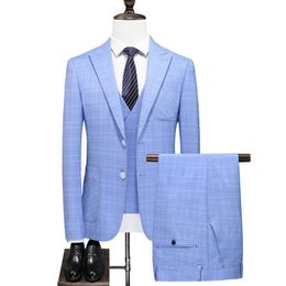 Men s Suits Blazers 3 Piece Lapel Sky Blue Striped Slim Fit Wedding For Formal Groomsmen Suit Clothing Wear Coat Vest Pant 230828