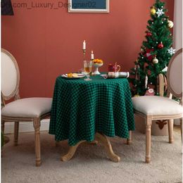 Nordic Christmas green Chequered tablecloth vintage cotton linen round table tablecloth room decor aesthetic Q230828