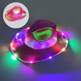 LED White Light Up Space Cowboy Hats Neon Cowgirl Hat Holographic Rave Fluorescent Hats With Adjustable Windproof Cord For Halloween Costume Accessories SN4208