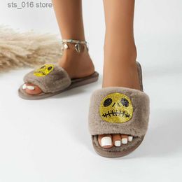 2024 Women's Halloween Crystal Winter Fur Heels Flat Decor Soft Sole Woman Warm Indoor Bedroom Fluffy Slippers T230824 422