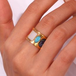 Wide Face Geometric Turquoise Colourful Stone Ring 18K Gold Plated 316L Stainless Steel Decoration