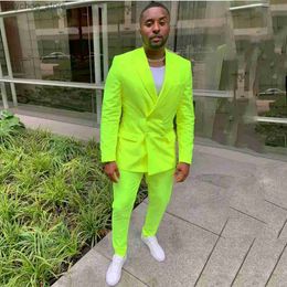 Fluorescent Yellow Men Suits Tuxedo Groom Wear Wedding Come Homme 2PCS Peak Lapel Slim Fit Terno Masculino Blazer Jacket+Pant Q230828