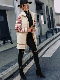 Womens Wool Blends Cardigan Grainy Colour Blocking Printing Lapel Long Splicing Zipper Plush Coat Winter Women Tops And Blouses 230828