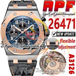 APF 42mm 2647 A3126 Automatic Chronograph Mens Watch Rose Gold Brushed Bezel Blue Textured Dial Leather Super Edition eternity Watches Strap Exclusive Technology