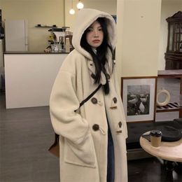 Womens Wool Blends Lamb Coat Knee Over Mid Length AutumnWinter Cowhorn Button Japanese Loose Cotton Coats for Women 230828