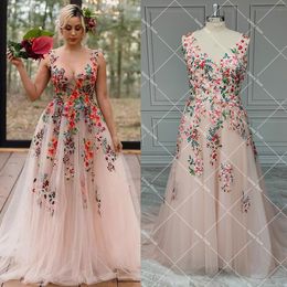 Urban Sexy Dresses Colourful Embroidery Tulle A Line Wedding Dress Custom Made Sheer Top V Neck Backless Plus Size Maxi Fairytale Garden Bridal Gown 230828