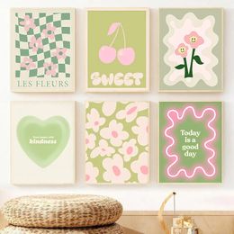 Abstract Green Floral Heart Cherry Posters And Prints Wall Art Danish Pastel Canvas Painting Picture for Home Living Room Girl Bedroom Decor No Frame Wo6