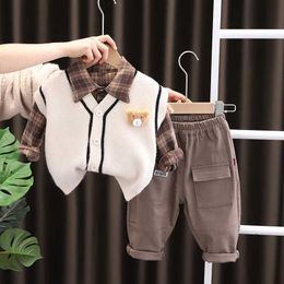 Boys Winter Clothing Baby Sets Toddler Infant Clothes Outfits Outdoor Kids Children Warm Plush Plaid Shirt Knitted Vest Pants