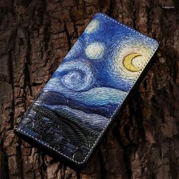 Wallets Handmade Genuine Leather Carving Starry Sky Purses Women Men Clutch Vegetable Tanned Wallet Upscale Gift