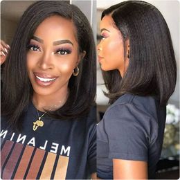 Kinky Straight Short Bob Human Hair Wigs for Women 13x4 HDTransparent Lace Frontal Peruvain Remy Hair Soft Yaki Bob Glueless Wig