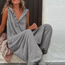 Women's Jumpsuits Rompers Retro Button Sleeveless Beach Romper Simple Solid Cross-pants Lady Playsuit Women Casual Loose Hooded Jumpsuit Summer Streetwear 230828