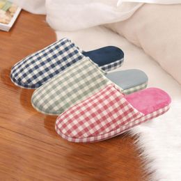 Slippers Couples Women Slip On Furry H Flat Home Winter Round Toe Keep Warm Lattice Print Shoes