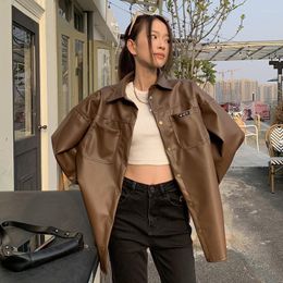 Women's Jackets PU Leather Brown Jacket Women Button Up Coats BF Loose Casual Outerwear Fall Autumn Spring Windbreaker Harajuku Y2k Top