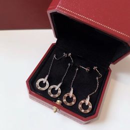 Dangle Earrings Brand Luxury Designer s925 Sterling Silver Love Crystal Double Circle Charm Long Chain Drop Earrings With Box For Women Party Gift