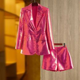 Brand New Unique Party Style Bling Sequins Cloth Suit Single Button Blazer Shorts Fushcia Colour Lady 2PCs HKD230825