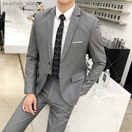 (Jackets+Pants) 2023 Men Two-Piece Business Suits/Male Slim Fit Cotton Leisure Blazers/Man Fashion High-grade Suit Black Grey Q230828